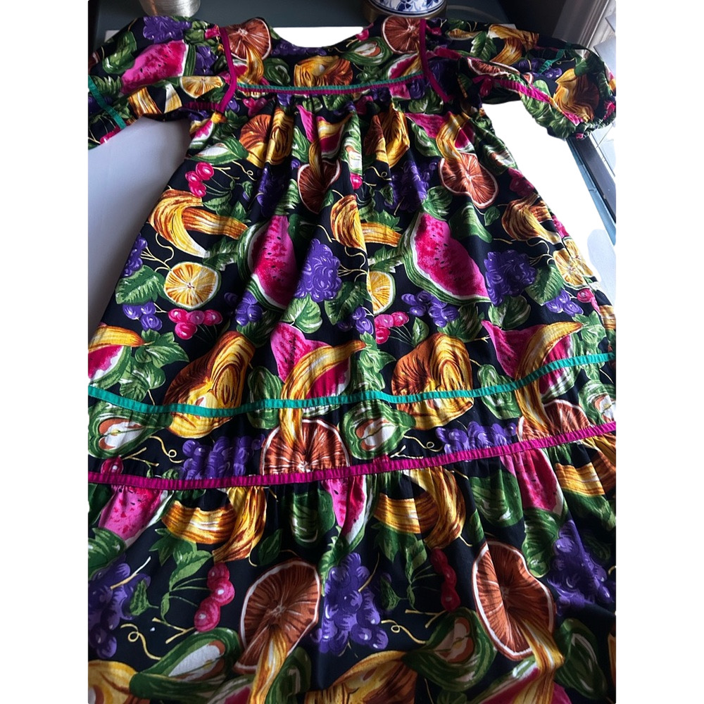 Vintage Black Maxi Dress with Vibrant Fruit Print (Pink, Yellow, Green, Purple)